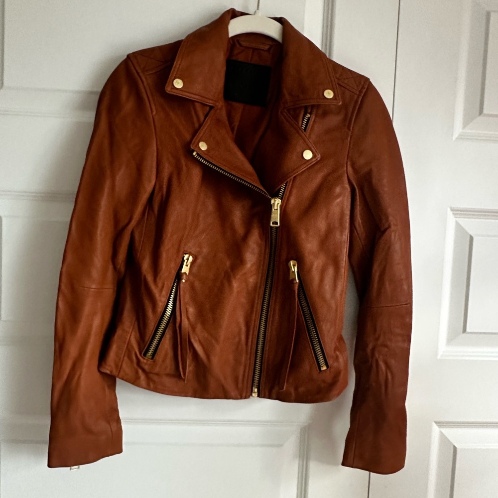 ALL SAINTS Dalby Leather Biker Jacket Cognac Brown 2‎ NWOT - Picture 4 of 6